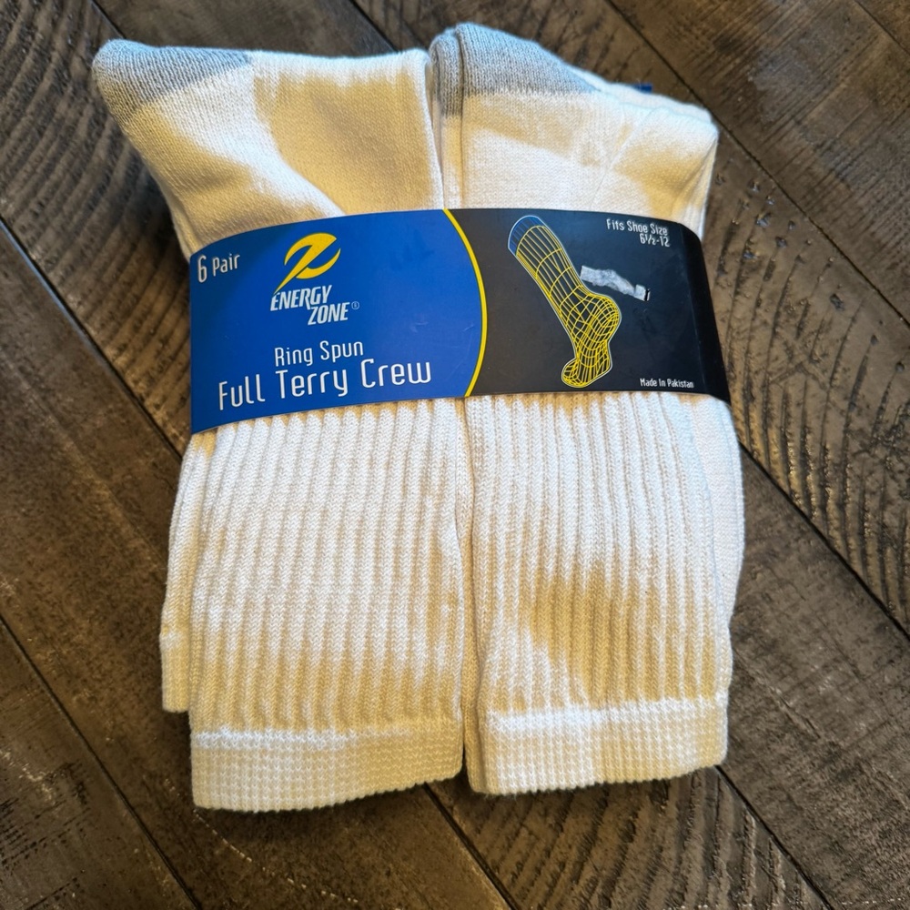 Vintage Energy Zone Ring Spun Full Terry Crew Socks White Sz 6.5-12 New 6 Pair
